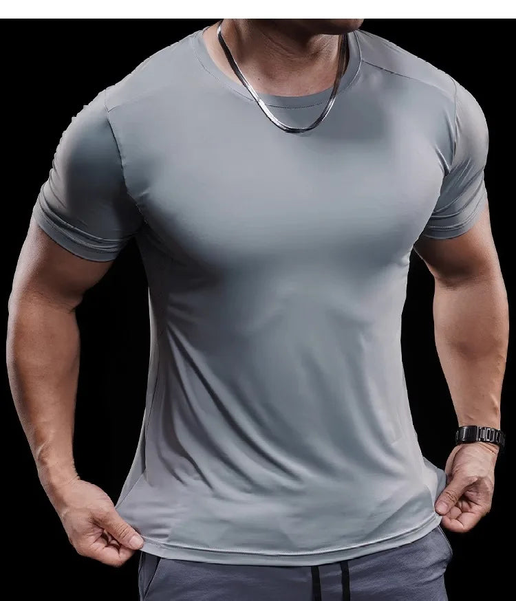 Summer New Basketball Men's Running Training Sports Gym Fitness High Elastic Quick-drying Casual Short-sleeved T-shirt Tops