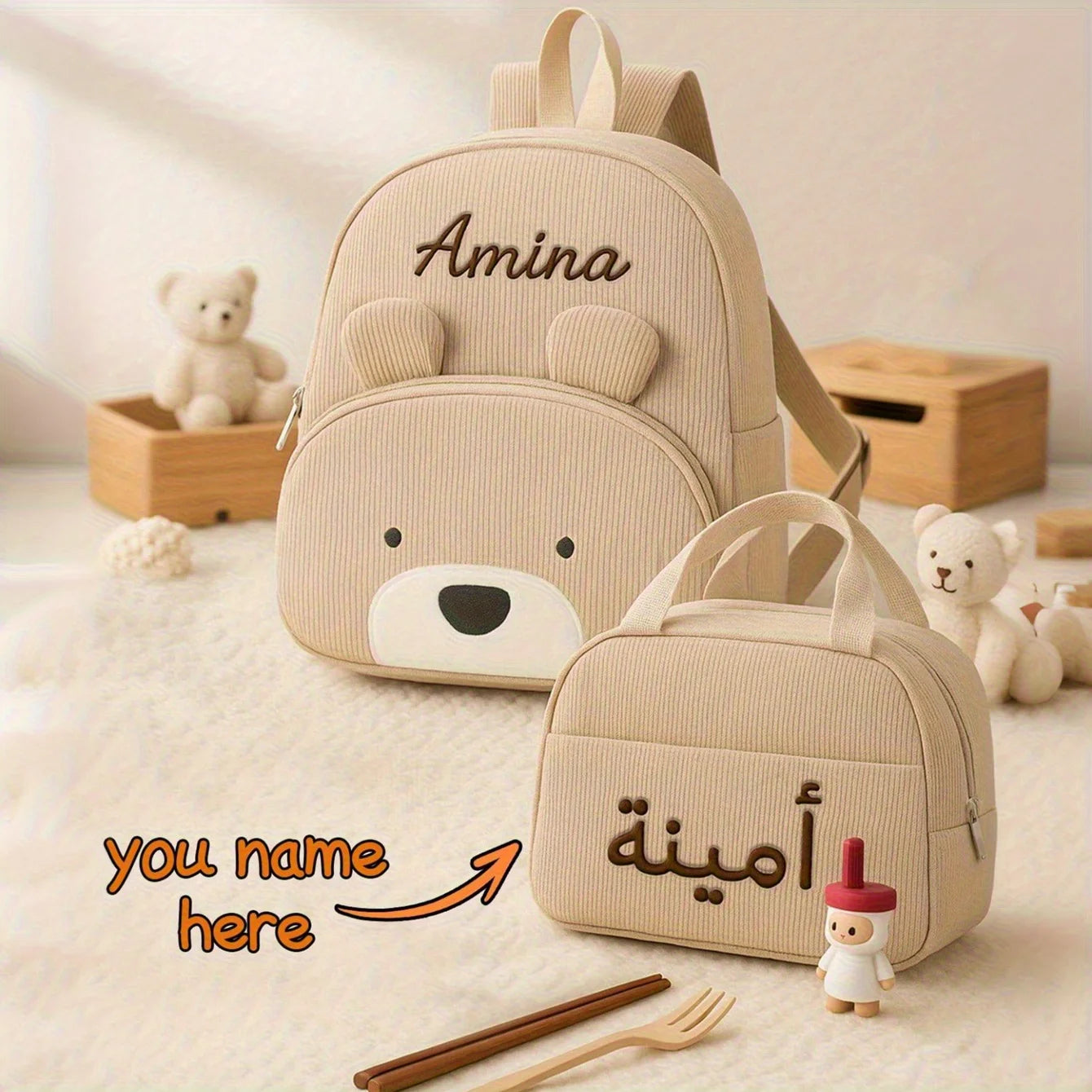 Customized Name Backpacks & Lunch Bag Embroidered Text Adorable Bear Schoolbag Portable for Boys & Girls Great for School Outdo