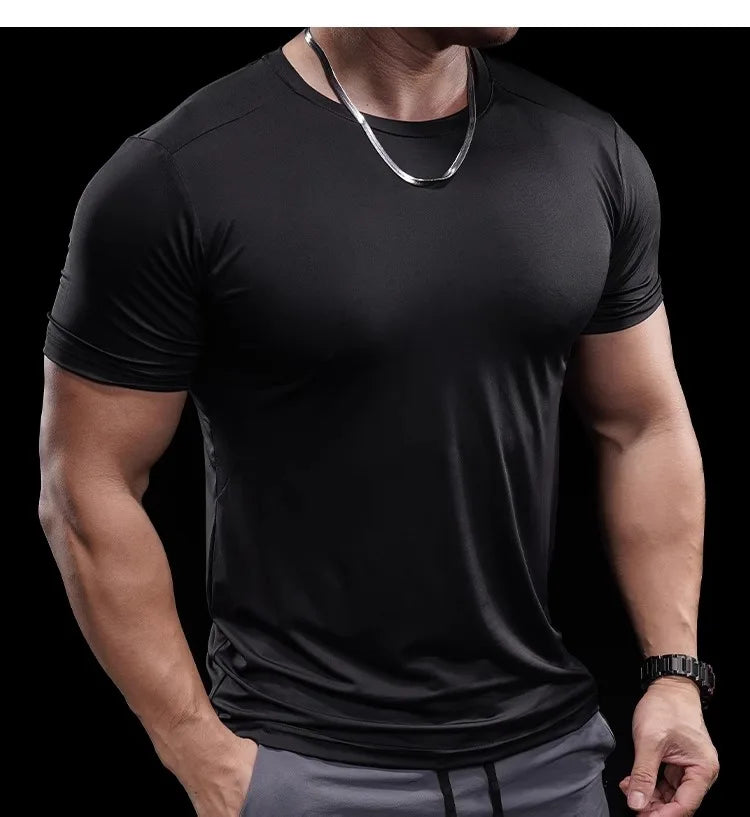 Summer New Basketball Men's Running Training Sports Gym Fitness High Elastic Quick-drying Casual Short-sleeved T-shirt Tops