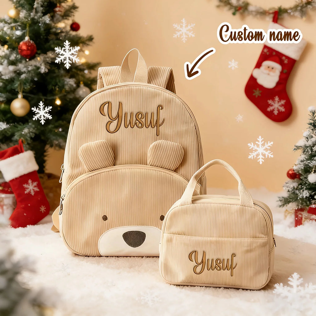 Customized Name Backpacks & Lunch Bag Embroidered Text Adorable Bear Schoolbag Portable for Boys & Girls Great for School Outdo