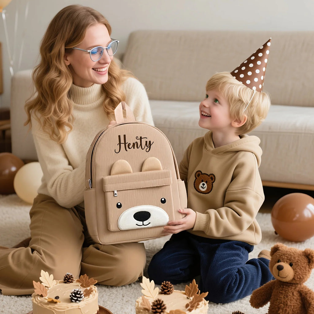 Custom Embroidered Bear Cartoon Backpack for Kids | Perfect Christmas Winter Gift | Toddler Kindergarten Bag