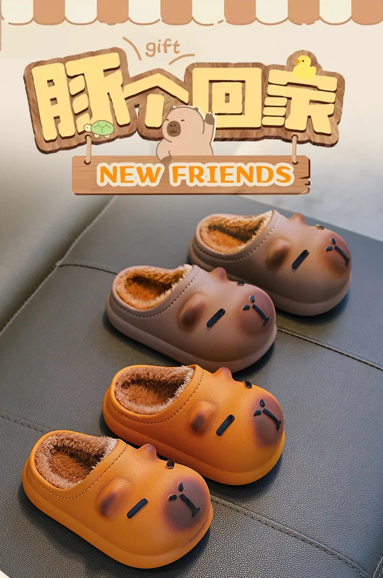 Capybara Children Slippers Cute 2025 Winter Outdoors Cotton Slippers Warm Comfortable Indoor Cartoon Plush Floor Home Slippers