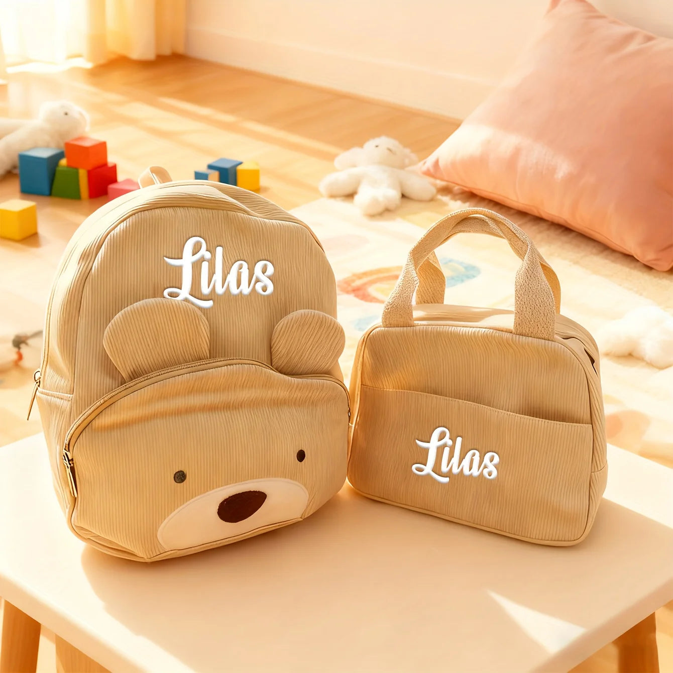 Customized Name Backpacks & Lunch Bag Embroidered Text Adorable Bear Schoolbag Portable for Boys & Girls Great for School Outdo