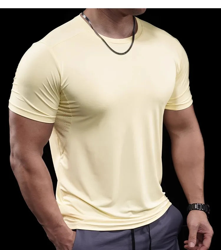 Summer New Basketball Men's Running Training Sports Gym Fitness High Elastic Quick-drying Casual Short-sleeved T-shirt Tops