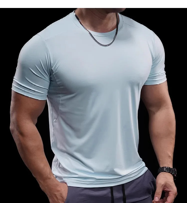 Summer New Basketball Men's Running Training Sports Gym Fitness High Elastic Quick-drying Casual Short-sleeved T-shirt Tops