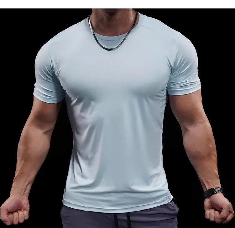 Summer New Basketball Men's Running Training Sports Gym Fitness High Elastic Quick-drying Casual Short-sleeved T-shirt Tops