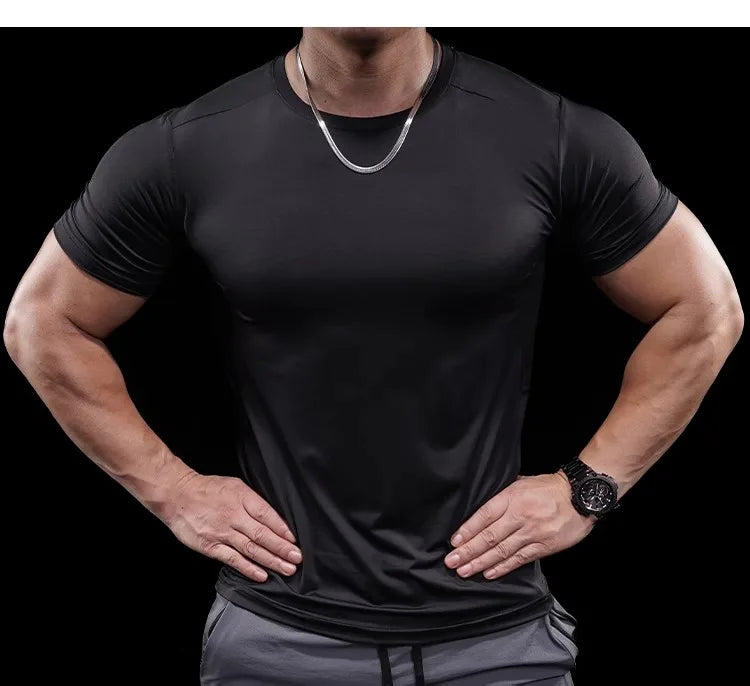 Summer New Basketball Men's Running Training Sports Gym Fitness High Elastic Quick-drying Casual Short-sleeved T-shirt Tops