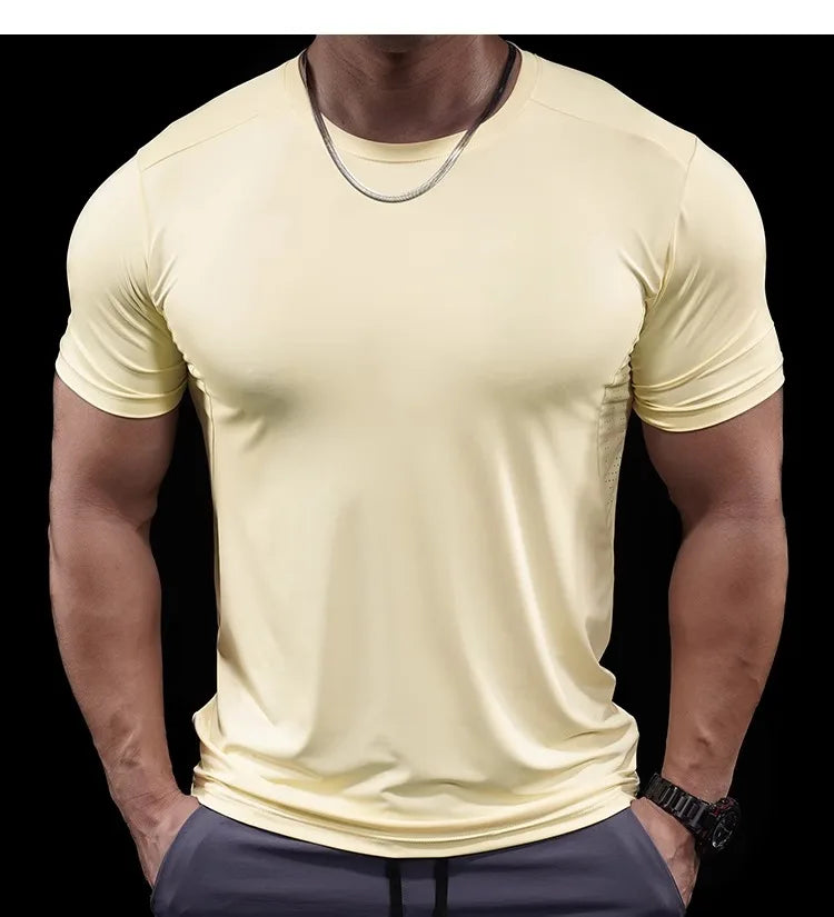 Summer New Basketball Men's Running Training Sports Gym Fitness High Elastic Quick-drying Casual Short-sleeved T-shirt Tops